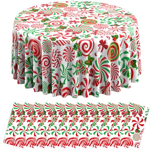 12Pcs Christmas Candy Cane Round Tablecloths - Red & Green 84 Inch Holiday Decor