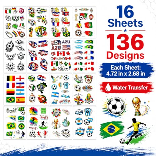 World Cup Soccer Temporary Face Tattoos - 16 Sheet Fan Party Pack