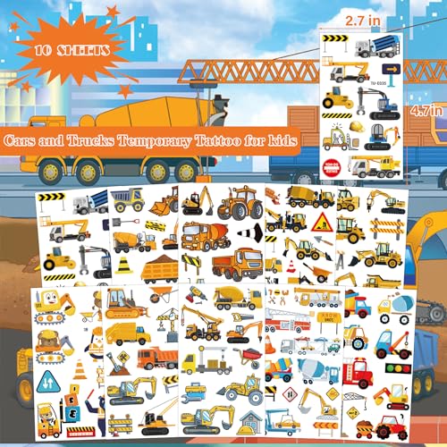 UVUXO Cars and Trucks Temporary Tattoos for Kids, 10 Sheets
