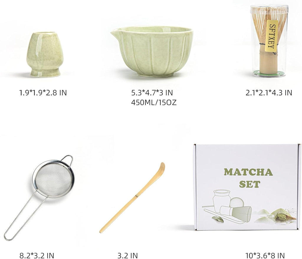 Skiennix Matcha Whisk Set - Complete 5-Piece Kit with Ceramic Bowl, Bamboo Whisk & Accessories | Mottled Green