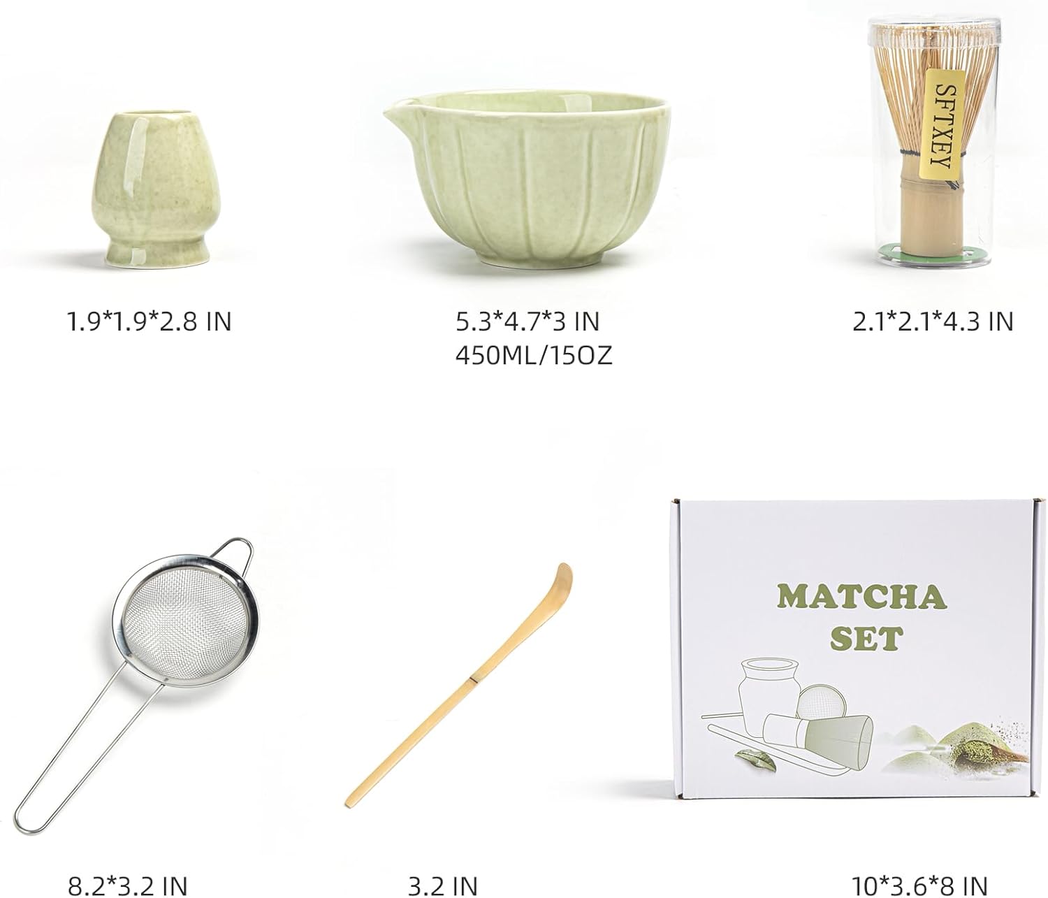 Skiennix Matcha Whisk Set - Complete 5-Piece Kit with Ceramic Bowl, Bamboo Whisk & Accessories | Mottled Green