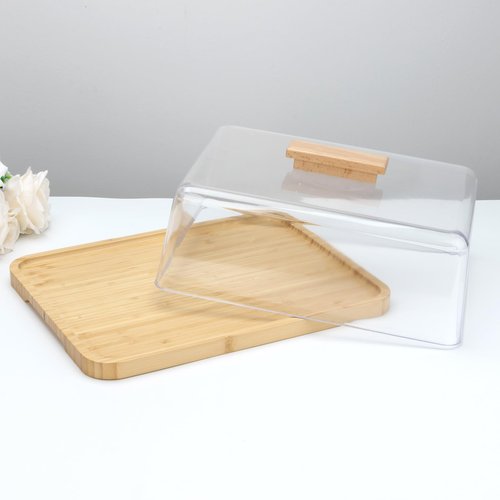KVMORZE Acrylic Dessert Plate with Base, Bamboo Cake Tray with Clear Acrylic Cover, Cake Fruit Display Server Tray for Kitchen/Birthday/Wedding/Appetizer Dessert& Cheese Serving Platter Rectangular