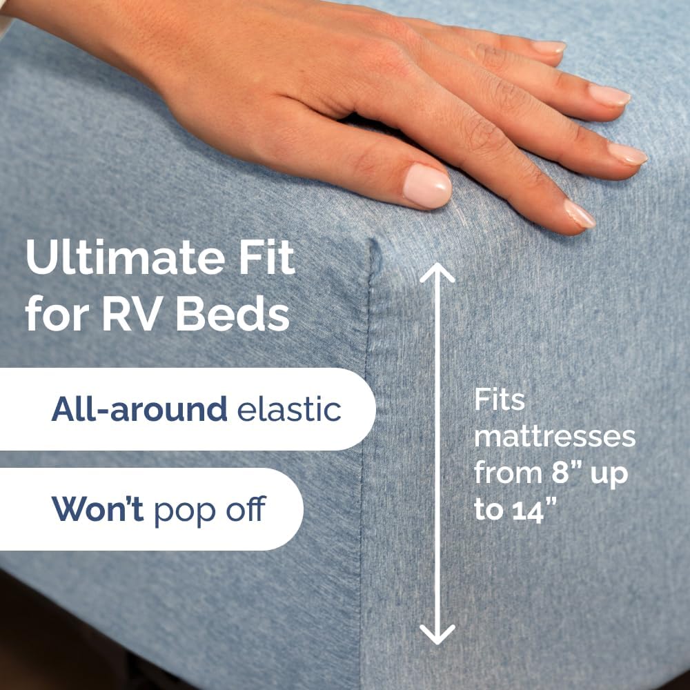 RV Short Queen Sheet Set - Soft, Breathable & Cooling 4-Piece Bedding for Trailers | Fits 8” to 12” Mattresses - Heathered Blue