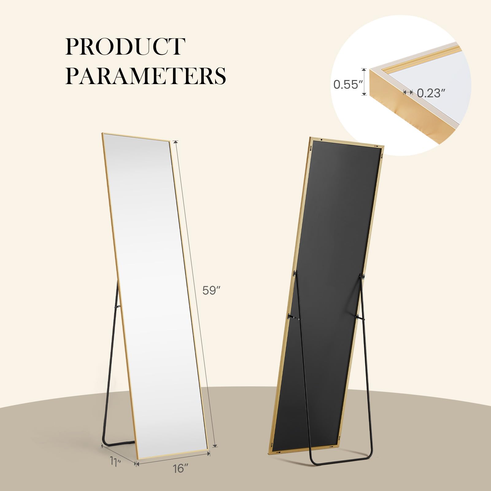 NEWBULIG 59"x16" Full Length Mirror, Full Body Floor Mirror with Aluminum Alloy Thin Frame, Wall or Standing Mirror for Bedroom, Living Room, Dressing Room, Gold