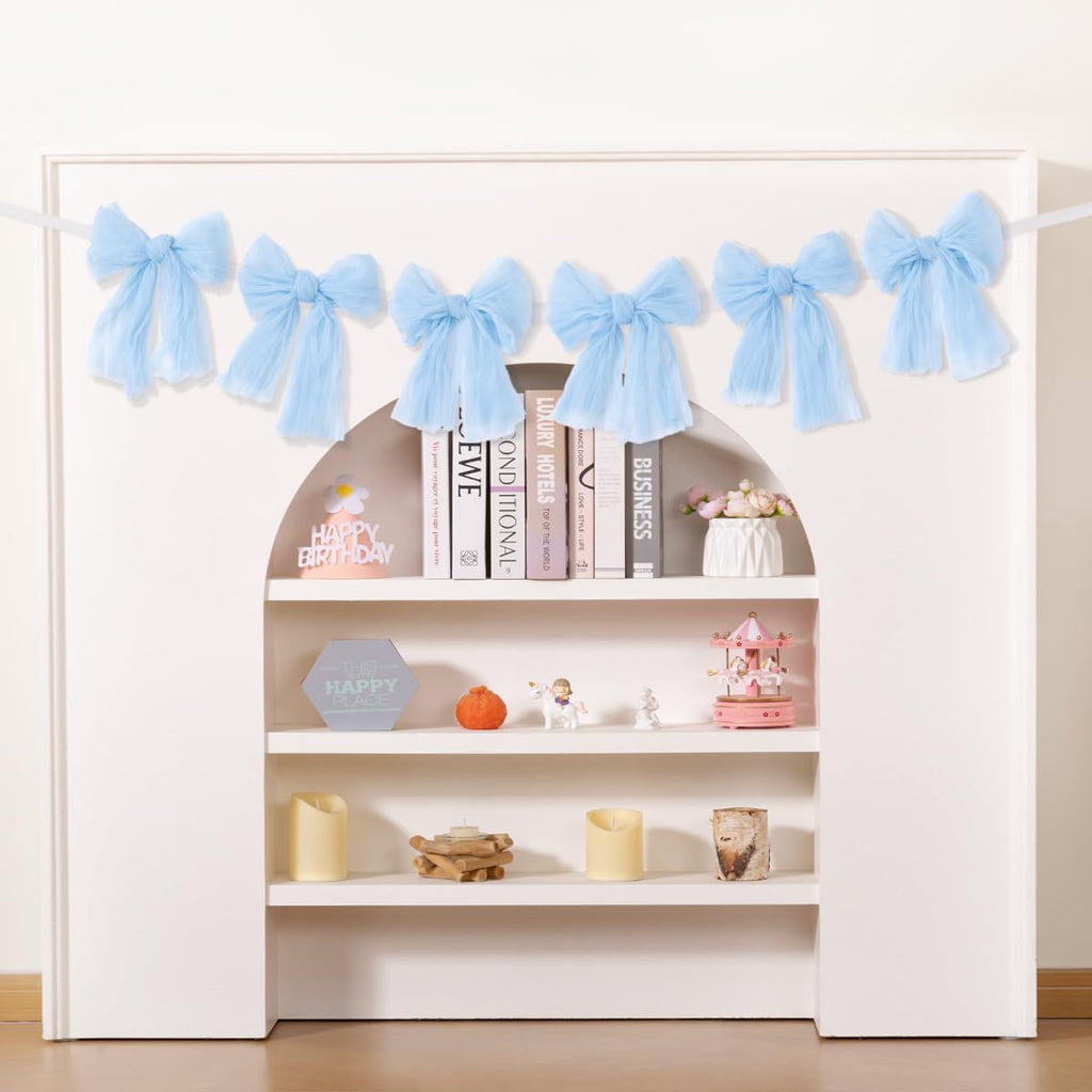 MLMC Baby Blue Bow Garland - Handmade Cheesecloth Wreath for Baby Shower & Birthday Decor