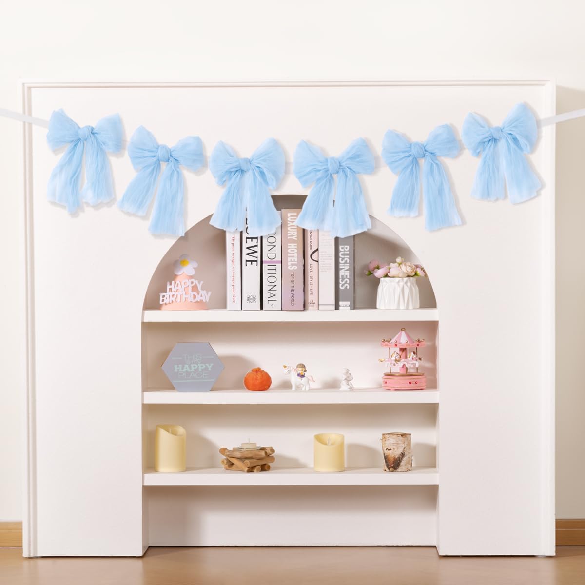 MLMC Baby Blue Bow Garland - Handmade Cheesecloth Wreath for Baby Shower & Birthday Decor