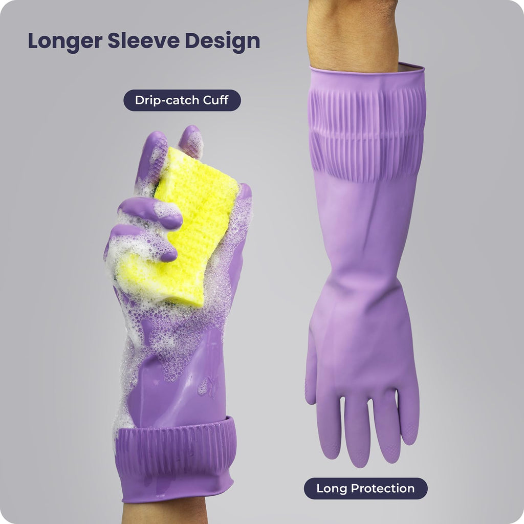 FMP Brands 3 Pairs 15 Inch Extra Long Rubber Dishwashing Gloves - Non-Slip for Cleaning, Kitchen, Bathroom, Gardening (Medium, Purple)
