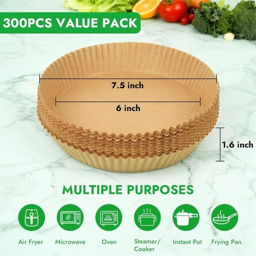 BYKITCHEN 300PCS Air Fryer Parchment Paper Liners - Round Disposable for 2 to 5QT Air Fryers | Compatible with Ninja, CHEFMAN, Cosori & More