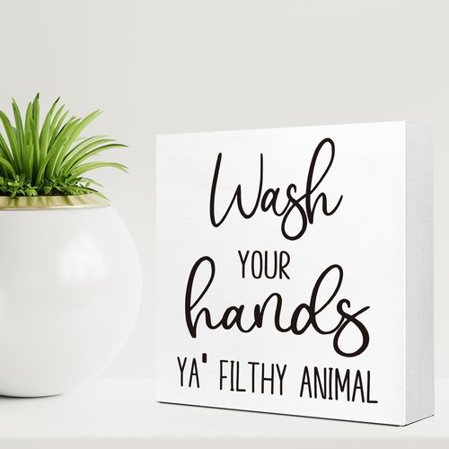 LVQHI Funny Bathroom Sign - 'Wash Your Hands Ya Filthy Animal' Rustic Decor for Shelves & Tabletops