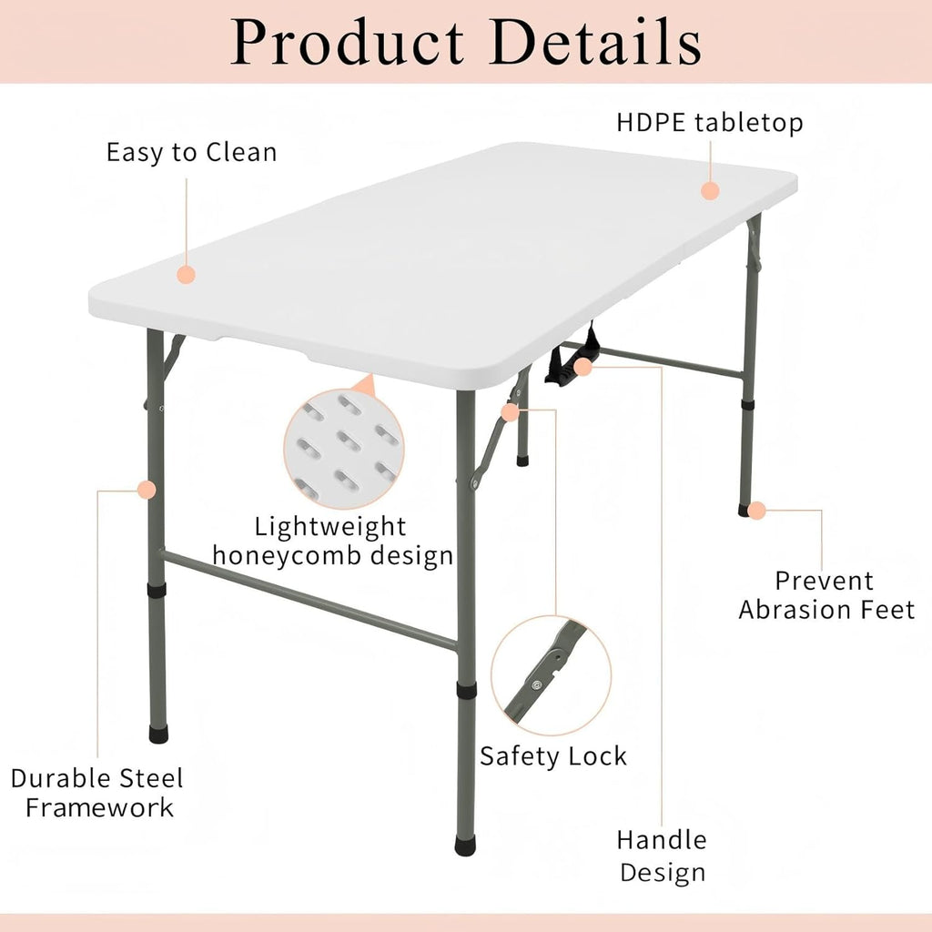 Skiennix Folding Table - Lightweight Portable Plastic Design with Carrying Handle | 4 FT White for Indoor & Outdoor Events
