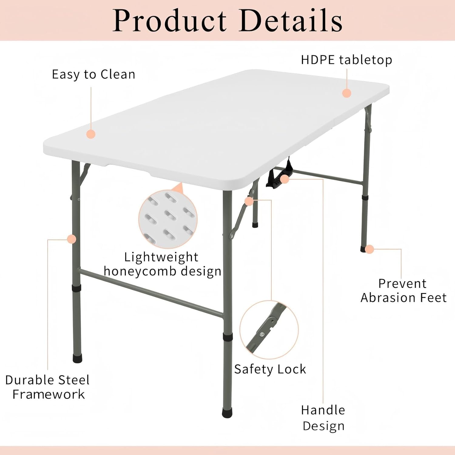 Skiennix Folding Table - Lightweight Portable Plastic Design with Carrying Handle | 4 FT White for Indoor & Outdoor Events