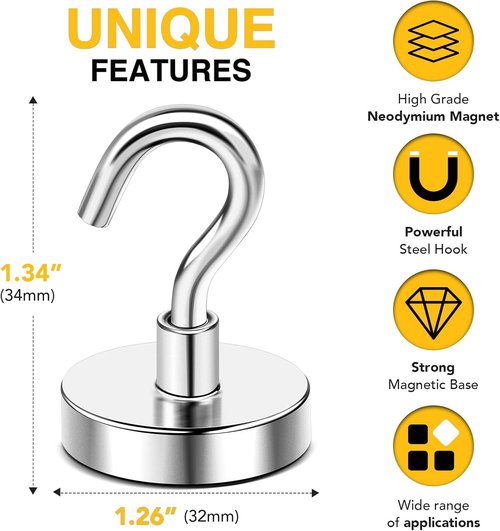 DIYMAG Magnetic Garage Hooks - Heavy Duty 120lbs Wall Mount Magnets | 16 Pack for Kitchen & Classroom