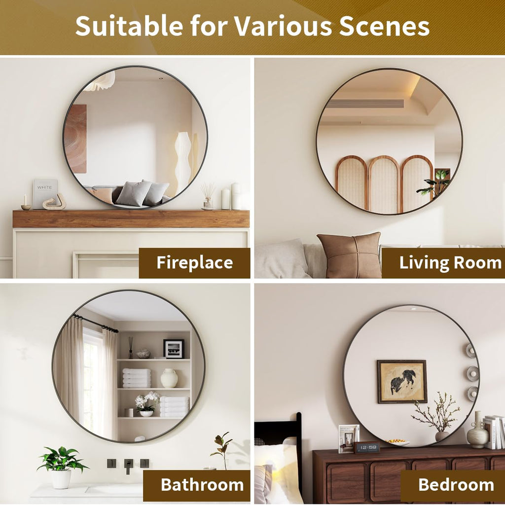 VETROVUE Black Round Mirror, 24 Inch Circle Bathroom Mirror with Metal Frame, Wall-Mounted for Entryway, Bathroom, Vanity, Living Room