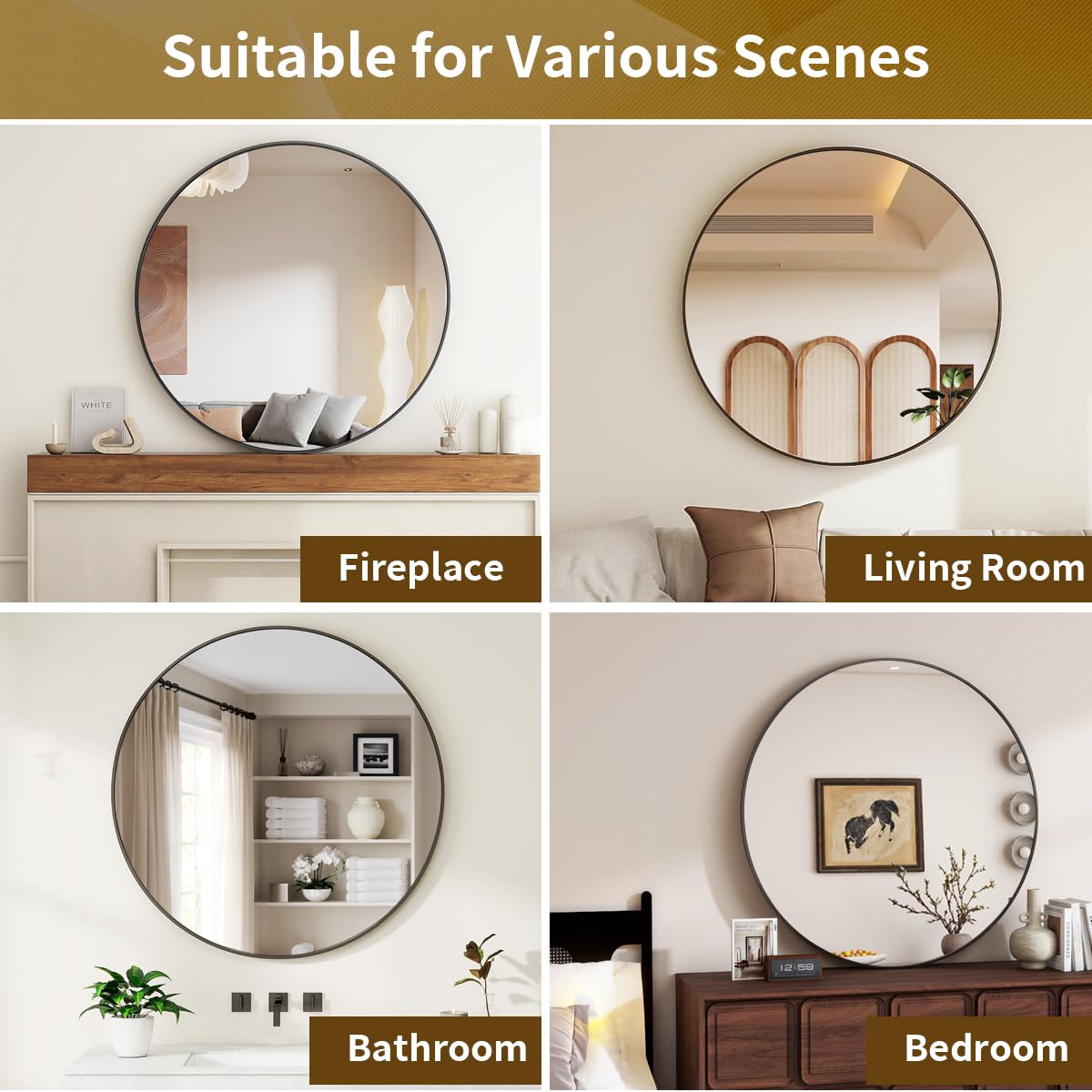 VETROVUE Black Round Mirror, 24 Inch Circle Bathroom Mirror with Metal Frame, Wall-Mounted for Entryway, Bathroom, Vanity, Living Room
