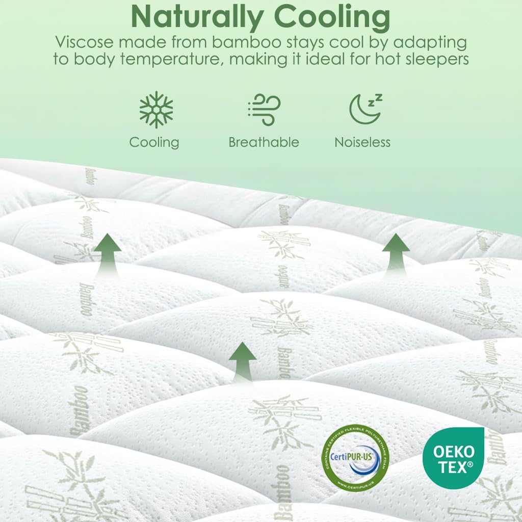 Skiennix Queen Mattress Topper - Cooling Bamboo Viscose Pillow Top - Soft & Breathable for Back Pain Relief - Green