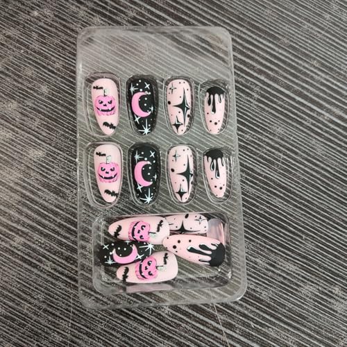 Halloween Press on Nails Medium Almond Fake Nails Matte Pumpkin Star Moon