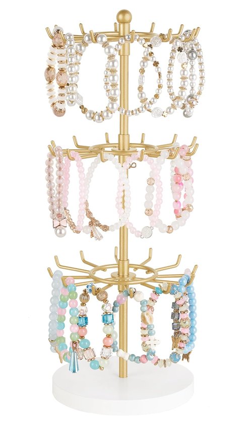 Mkono Bracelet Holder Gold Metal Rotating Bracelet Display Stand 3 Tier Jewelry Tower rack with 36 Hooks and Wood Base Modern Adjustable Storage Organizer Tree for Selling KeyChain Bangle Accessories