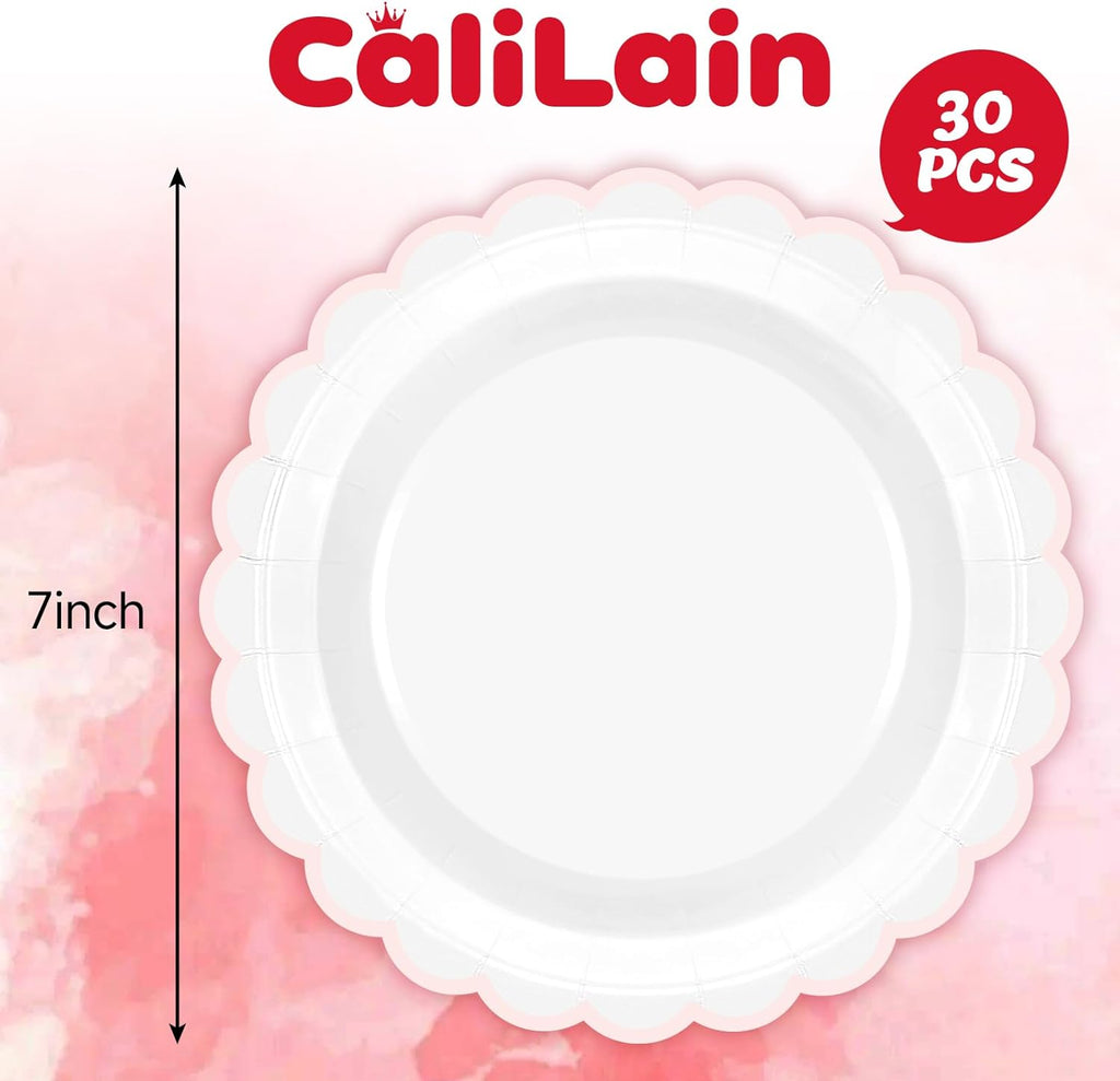 Regine Switzerland 30 Pcs Pink & White Scalloped Paper Plates - 7 Inch Disposable Dinnerware Set for Parties & Celebrations