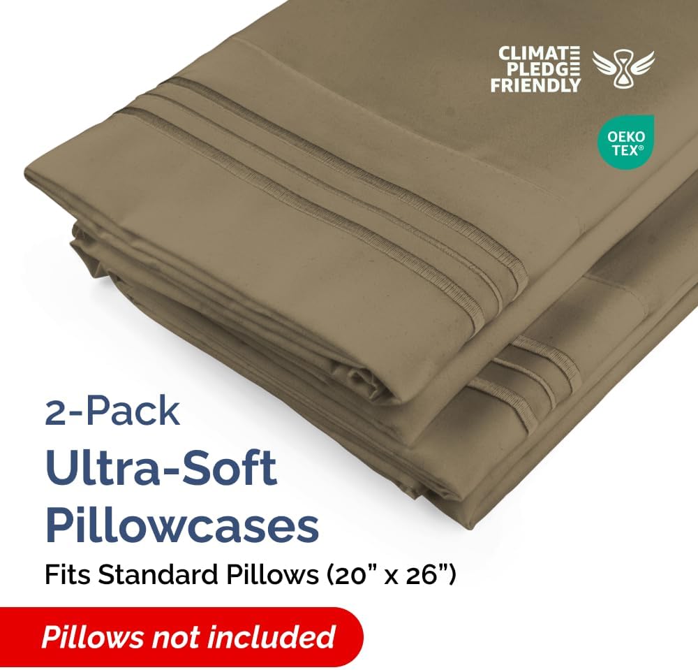 Skiennix Standard Pillow Cases Set of 2 - Ultra-Soft Hotel Quality - Wrinkle-Free & Stain Resistant - Khaki
