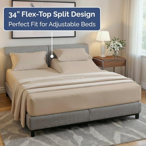 Flex Top Split Head King 4-Piece Sheet Set - Ultra-Soft Cooling Bedding - Deep Pockets - Oeko-Tex Certified - Cream