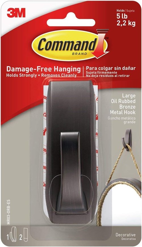 Command Large Metal Hook - Modern Reflections Design | Holds Up to 5 lb, Oil Rubbed Bronze Finish, Damage-Free Hanging Solution for Home Decor