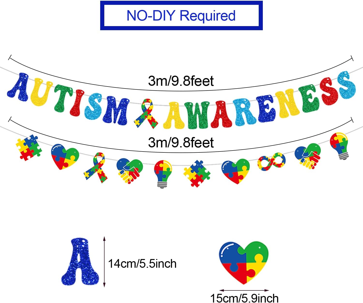 YEIRFYY Glittery Autism Awareness Banner - Colorful Puzzle Piece Garland for Inspirational Support