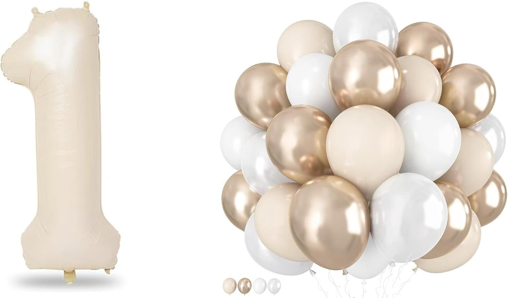 Number 1 Balloon - 40 Inch Gold Foil with 60 Pcs White & Nude Cream Confetti Balloons | Perfect for 1st Birthday & Boho Weddings