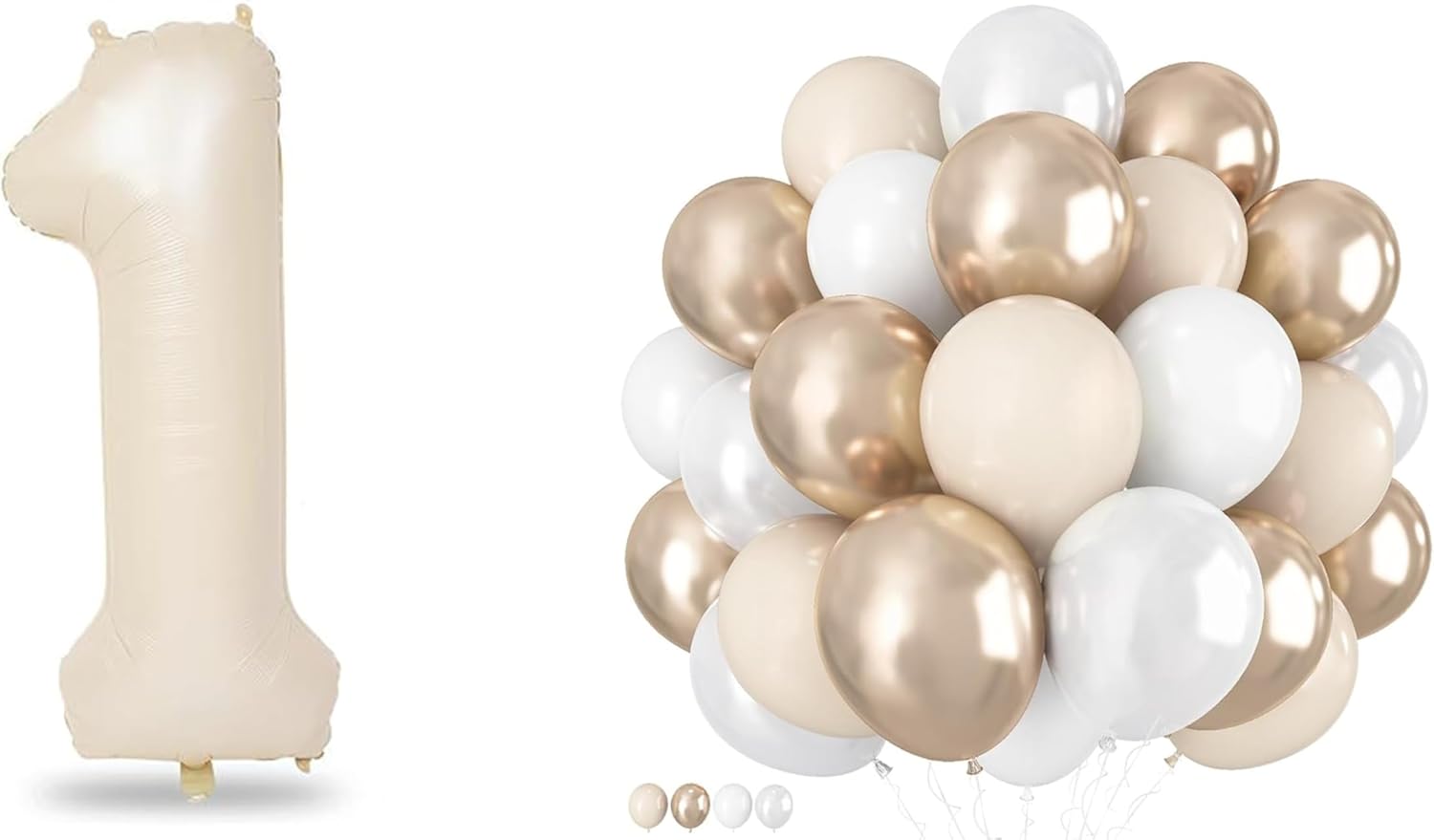 Number 1 Balloon - 40 Inch Gold Foil with 60 Pcs White & Nude Cream Confetti Balloons | Perfect for 1st Birthday & Boho Weddings