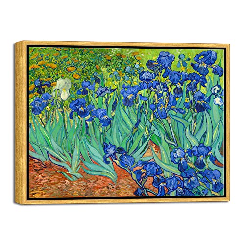 Wieco Art Framed Wall Art Canvas Prints Irises By Van Gogh Famous Flowers Oil Paintings Reproduction Abstract Canvas Prints for Home Living Room Decorations Bronze Gold Frame