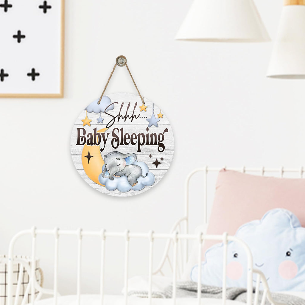 Shhh Baby Sleeping Front Door Sign, Elephant Moon Cloud Stars Wood Door Hanger Nursery Kids Bedroom Decor, Infant Toddler Baby Boy Girl Room Rustic Wooden Wreath Indoor Wall Hanging Decoration
