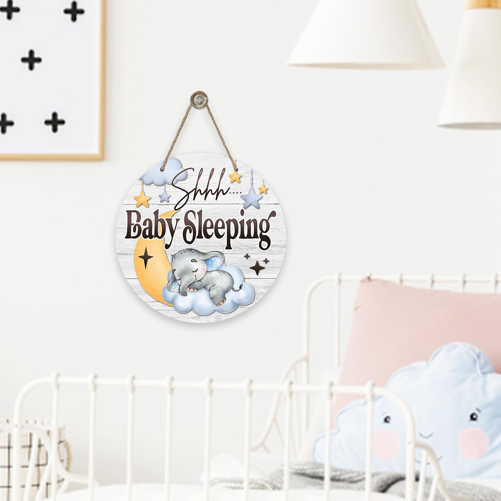 Shhh Baby Sleeping Front Door Sign, Elephant Moon Cloud Stars Wood Door Hanger Nursery Kids Bedroom Decor, Infant Toddler Baby Boy Girl Room Rustic Wooden Wreath Indoor Wall Hanging Decoration