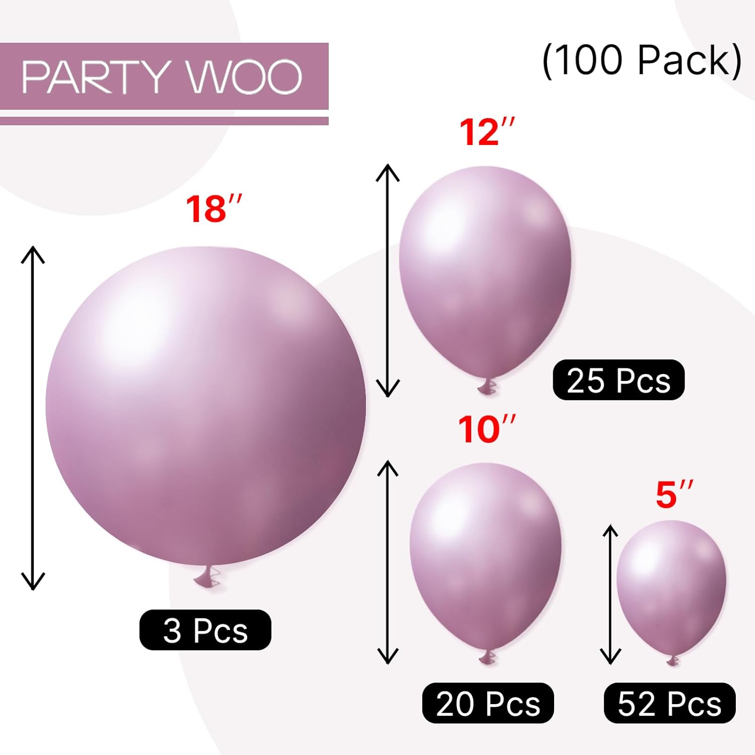PartyWoo Metallic Pink Balloons - 100 Pack of Chrome Balloons in 5, 10, 12 Inch Sizes for Celebrations