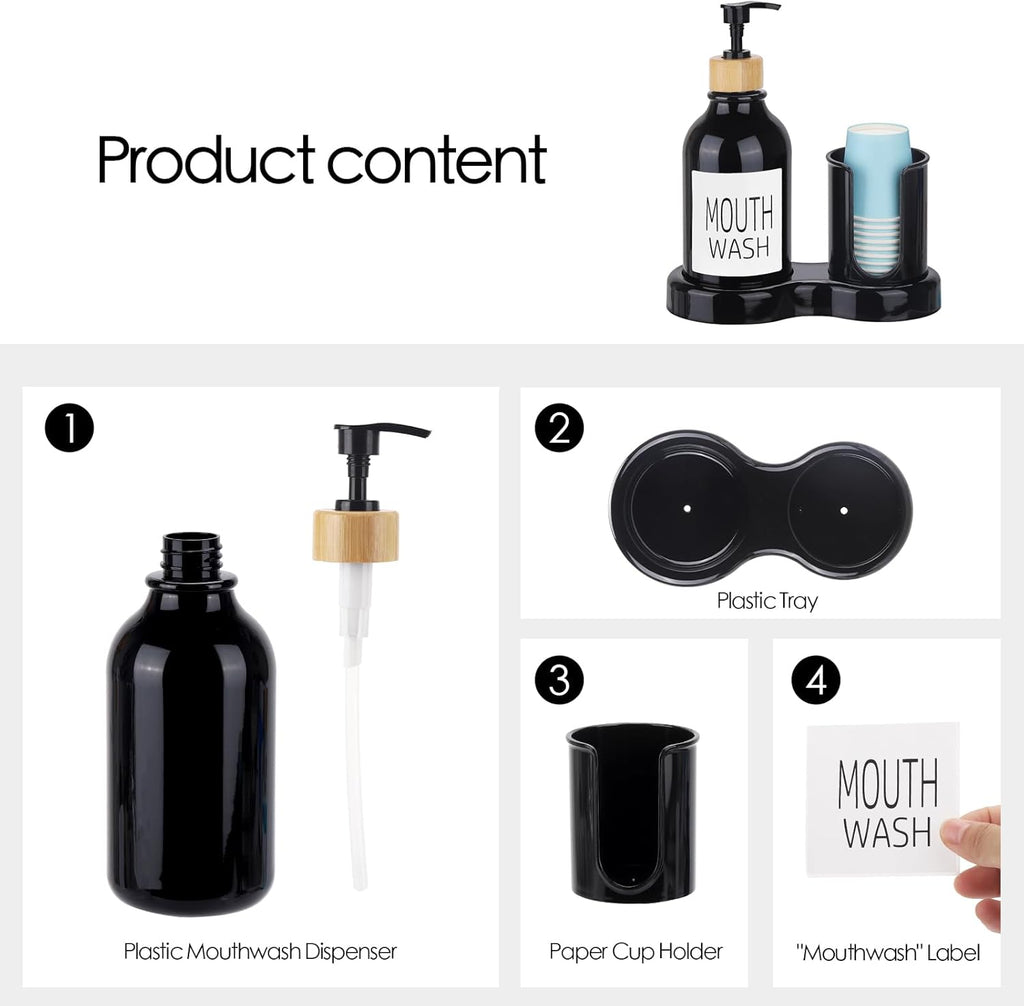 Skiennix Mouthwash Dispenser - 16oz Plastic Bottle with Cup Holder & Tray - Black