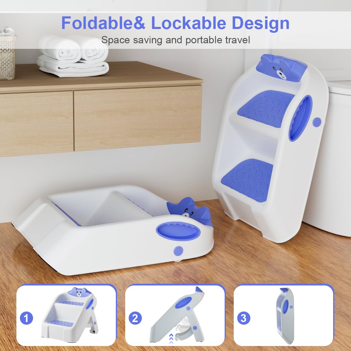 Toddler Step Stool for Bathroom Sink, 2 Step Stools for Kids, Kids Step Stool with Safety Non-Slip Pads and Handles, Foldble Kids Stool, Toddler Stool for Kitchen Toilet Counter Bed (Blue)