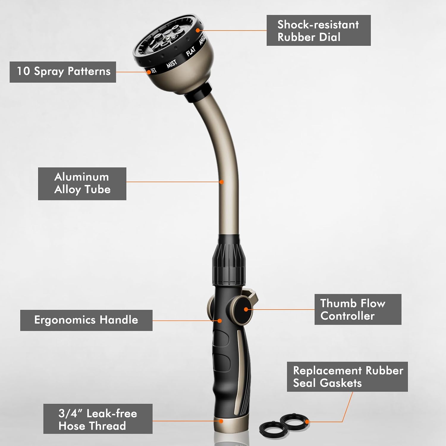 RESTMO Heavy-Duty Watering Wand - 10 Spray Patterns, 15-Inch Metal Hose Nozzle for Easy Plant Care