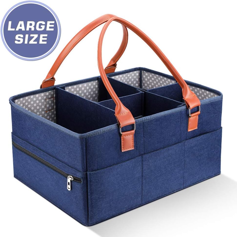 Marhynchus Large Portable Nappy Storage Basket - Felt Fabric Baby Diaper Caddy with Detachable Divider | Navy for Nursery & Travel