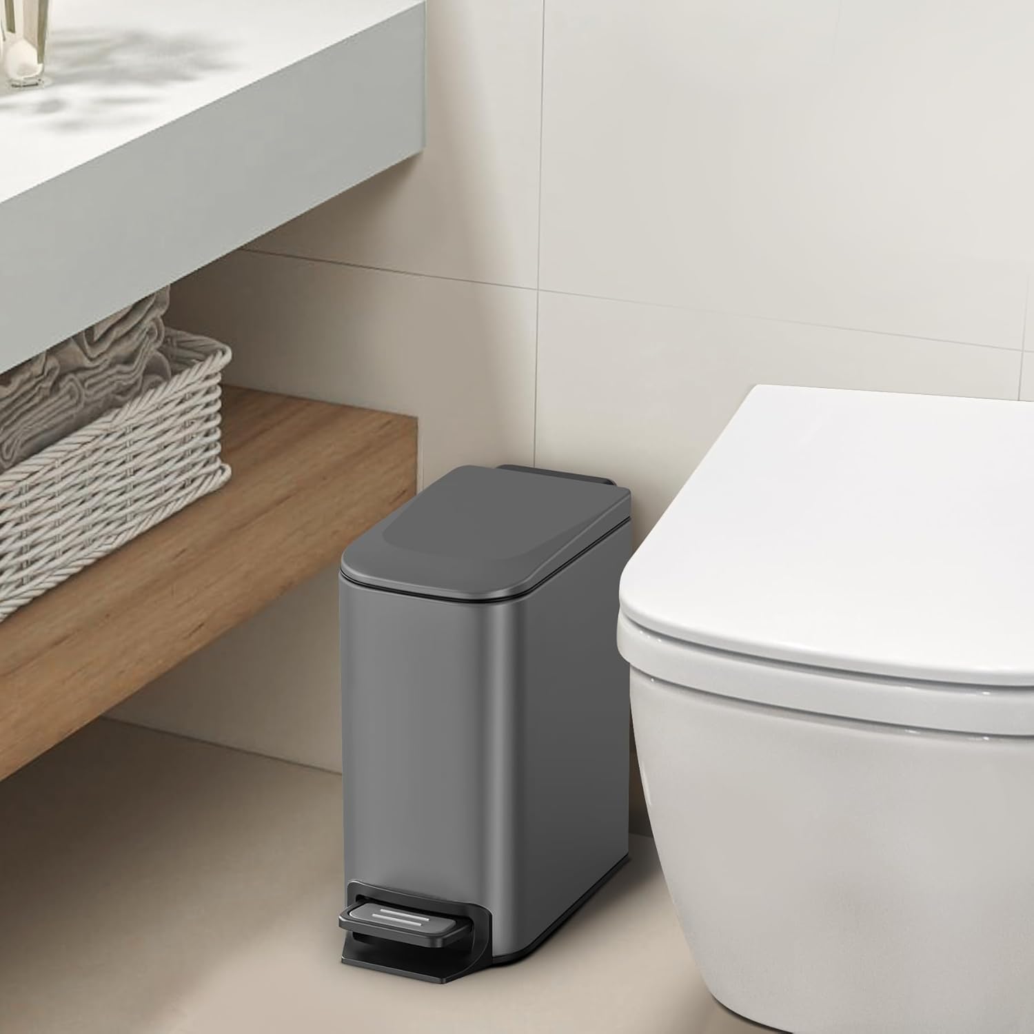 Cesun Stainless Steel Bathroom Trash Can - 6L Soft Close Lid & Step Pedal | Anti-Fingerprint Gray Finish