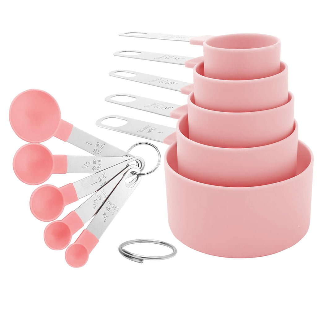 Measuring Cups and Spoons Set, 10-Piece Stackable Kitchen Tools with Stainless Steel Handles, Nesting Measurement Gadgets for Cooking & Baking (pink)