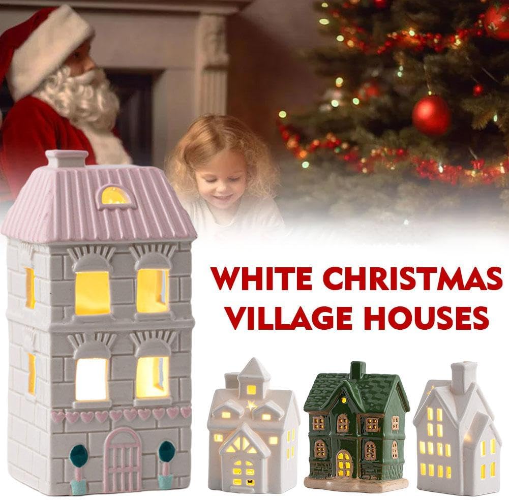 Skiennix Christmas Village House - Light Up White Ceramic Decor for Tabletop Centerpiece (Green)