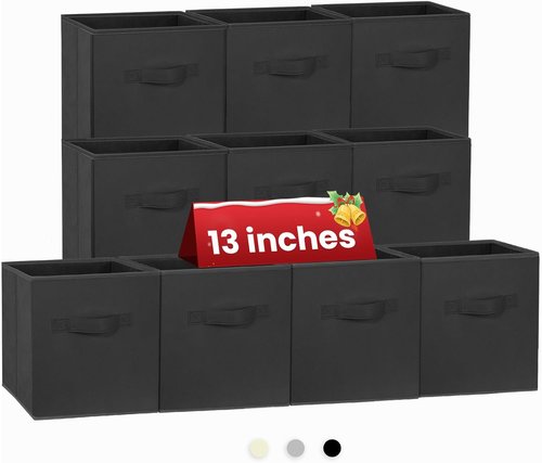 Large Storage Cubes | 13-Inch Organizing Bins for Kallax Shelves - 10 Pack Collapsible Black Boxes