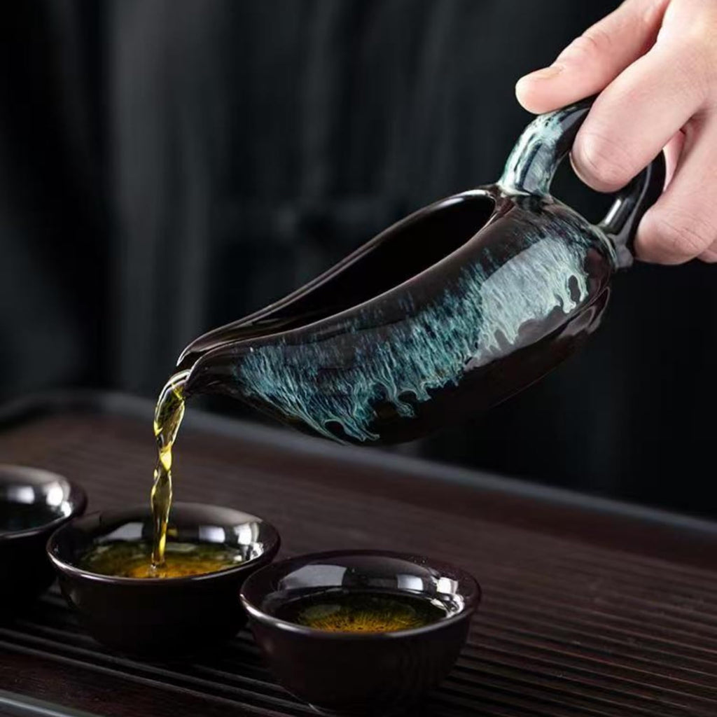 Chinese Gongfu Tea Set Ceramic Teapot with Infuser, 8 Cups, Semi Automatic Dragon Design for Loose Leaf Tea