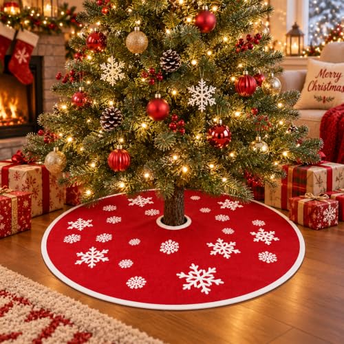 30 Inch Red Christmas Tree Skirt with White Snowflake Pattern - Holiday Home Decor