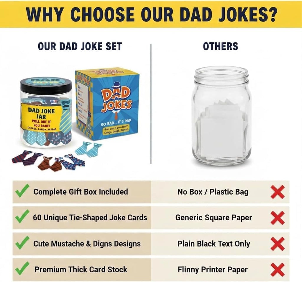DEARMINE 60 Dad Jokes Cards Jar, Funny Birthday Gift for Dads from Daughter, Stocking Stuffers, Christmas White Elephant Gifts for Adults, Men Granpa Gift, Funny Gag Gifts for Men