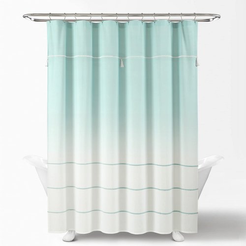 Lush Decor Ombre Embroidery Tassel Cotton Shower Curtain Single 72" W x 72" L Aqua - Blue Shower Curtains for Bathroom - Ombre Bathroom Curtain