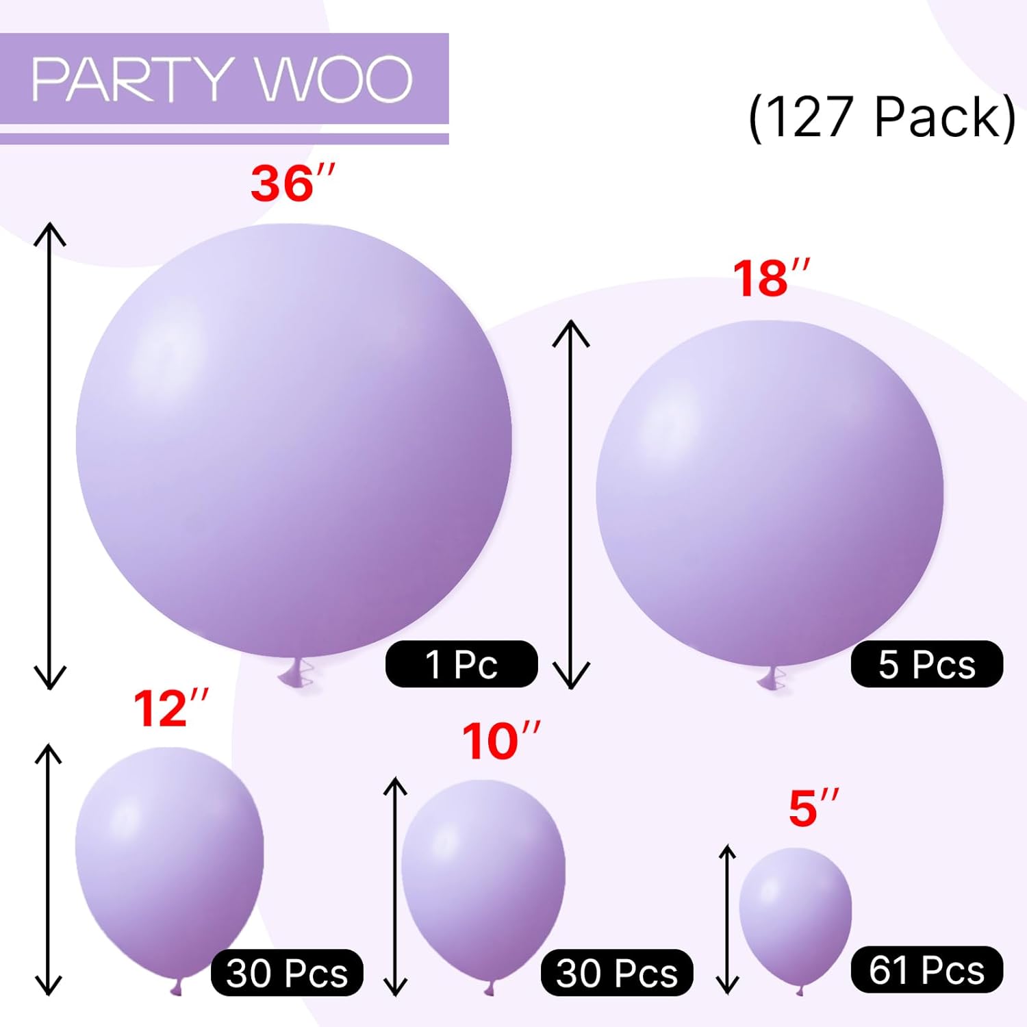 PartyWoo Lavender Balloons - 127-Piece Pastel Purple Balloon Arch Kit for Baby Showers & Parties | 5-18 Inch Sizes