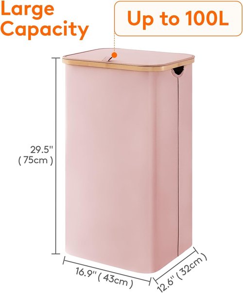 Lifewit 100L Laundry Basket - Foldable Hamper with Lid & Bamboo Handles | Pink, Removable Bag Included