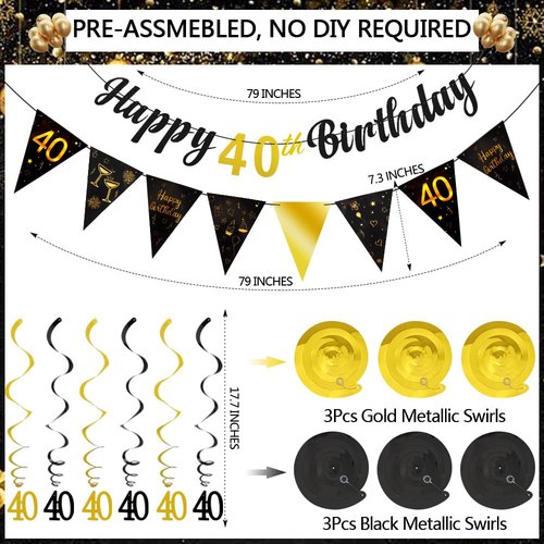 TOBATOBA 40th Birthday Decorations Kit for Men Women, Black Gold Happy 40th Birthday Banner, Triangle Flag Banner 40th Birthday Party Decorations, 40 Year Old Birthday Party Supplies Pre-assembled