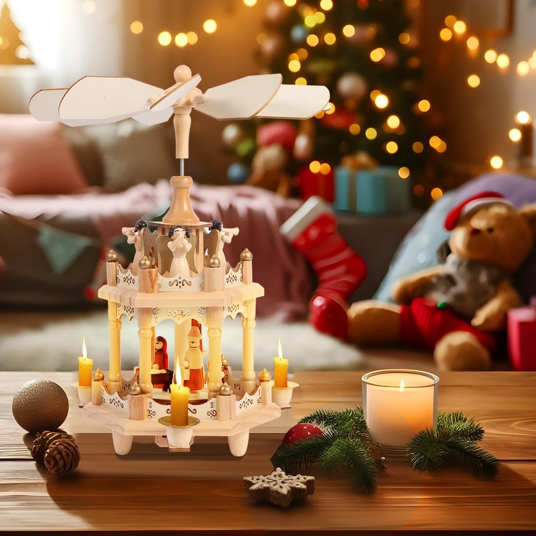 Rotating Christmas Pyramids - 12-Inch Wood Nativity Scene with 3 Candle Holders
