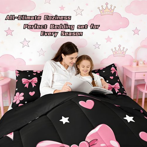 jejeloiu Bowknot Comforter Set All Season Black Pink Bedding Set with 1 Pillow Cases Pink Bow Microfiber Kids Twin Bedclothes Colourful Bowknot Bedroom Decor Duvet Quilt Breathable
