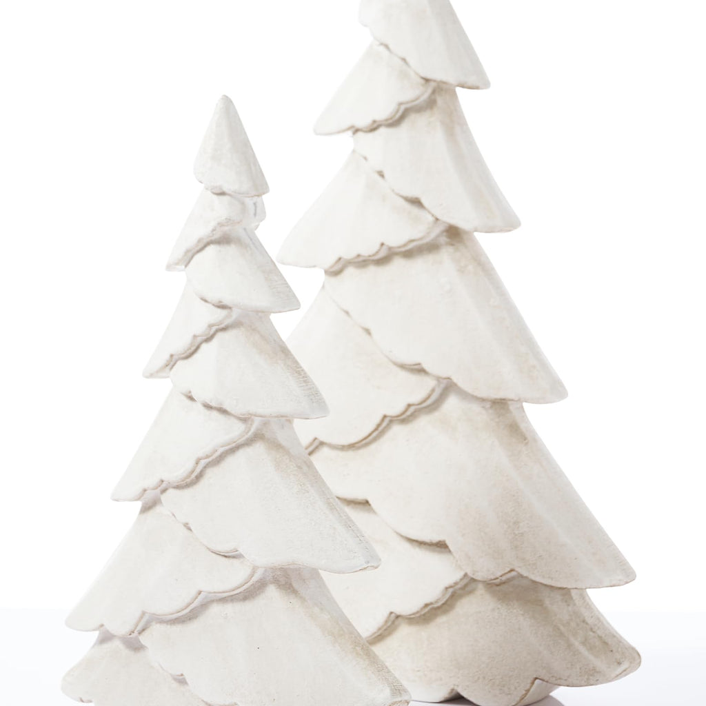 RM ROOMERS Wooden Christmas Tree Figurine Set of 2, White Tree Figurines, Decorative Trees for Tabletop, Distressed Decoration Trees for Desk, Mantel, Entryway, Winter, Holiday Centerpieces